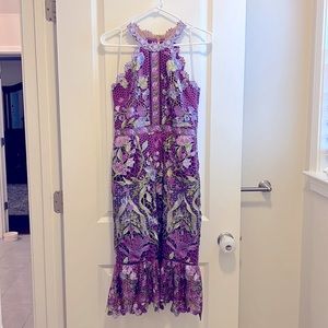 Marchesa Notte Purple Sleeveless Flounce Floral Lace Dress - Size 4
